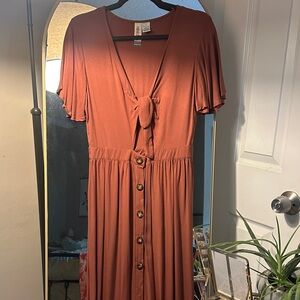 Mimi Chica Rust Tie-Front Midi Dress with Buttons